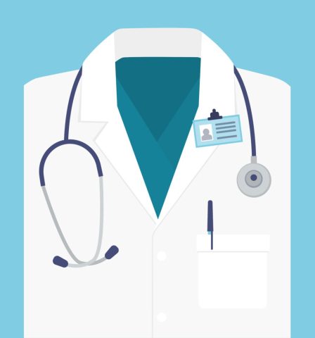 Close up of doctor uniform with stethoscope. Closeup of  doctor or lab worker white coat isolated on blue background. Medical clothes with tools. flat vector illustration